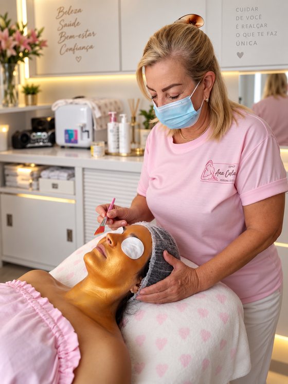 Aplicação de máscara facial dourada em cliente deitada na maca